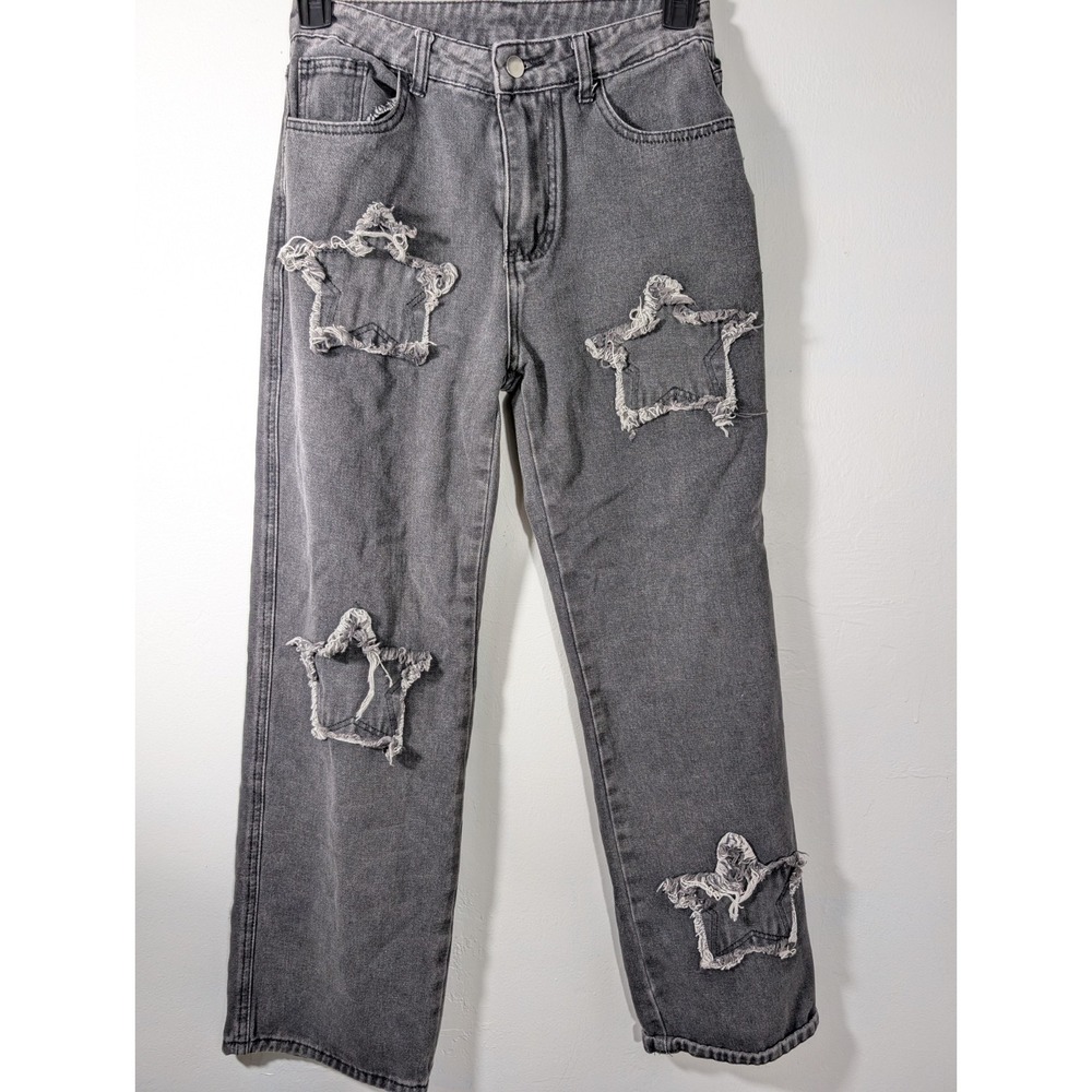 Women's M Black Stone Wash High Rise Mom Jeans‎ Star Pattern Distressed - Picture 3 of 7